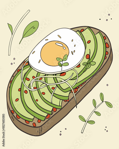 Avocado toast with a fried egg and microgreens on a beige background
