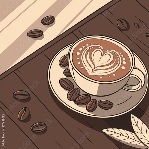 Latte art with coffee beans on wooden table