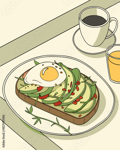 Avocado toast with a fried egg, coffee, and orange juice illustration