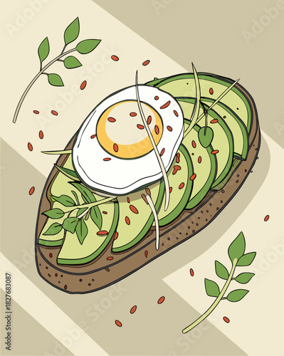 Delicious avocado toast with a fried egg, healthy breakfast