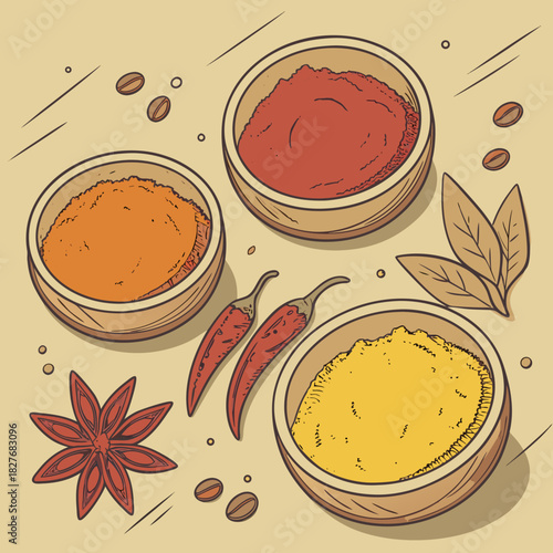 Aromatic spices and ingredients in wooden bowls