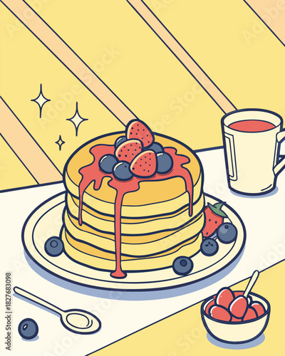 Delicious breakfast: pancakes, strawberries, blueberries, syrup, and coffee