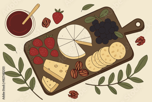 Cheese board with various cheese, fruits and crackers