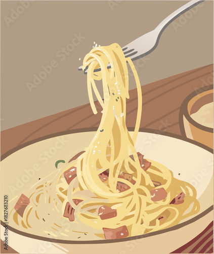 Delicious spaghetti carbonara with fork