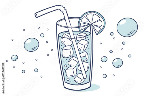 Refreshing glass of iced beverage with lime garnish, simple line art illustration