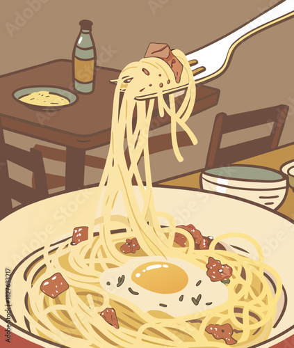 Delicious spaghetti carbonara with fried egg ready to eat