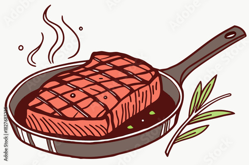 Deliciously grilled steak in a frying pan, ready to serve