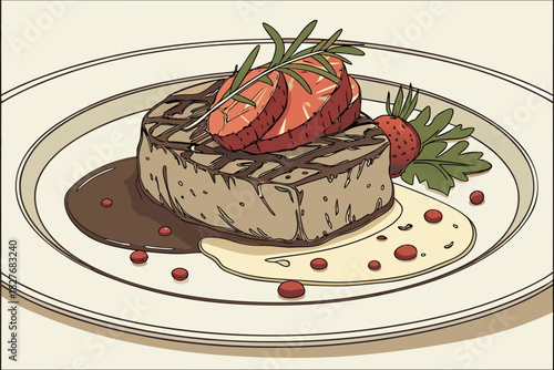 Gourmet dish with strawberry garnish and sauce, Illustration