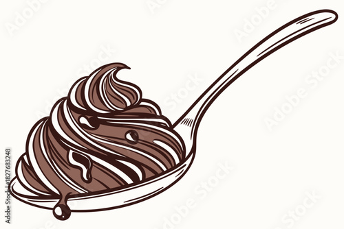 Chocolate cream on spoon, hand drawn style illustration