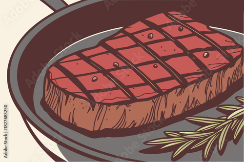 Grilled steak in a frying pan illustration