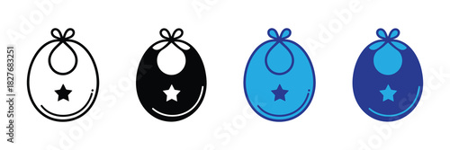 Set of four baby bib icons with a star detail, varying in outline, solid black, blue, and dark blue for infant feeding and care illustration