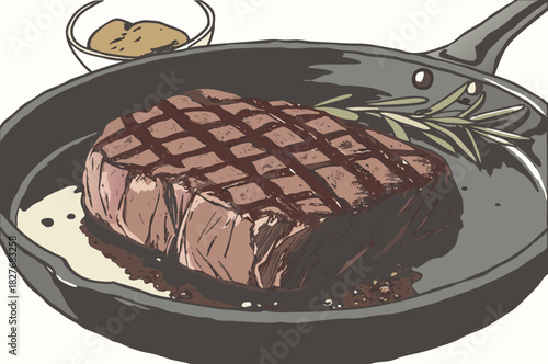 Grilled steak in frying pan with rosemary and sauce
