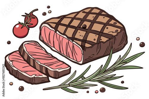 Grilled steak with tomato and herbs