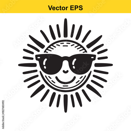 Black and white vector illustration of a happy sun wearing sunglasses isolated on white background