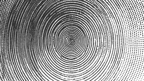 Black and white concentric circles pattern with halftone dots and rough texture abstract background