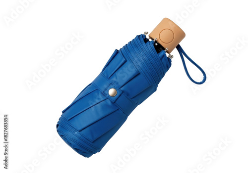Isolated blue short umbrella with wood handle protection against rain weather outdoor