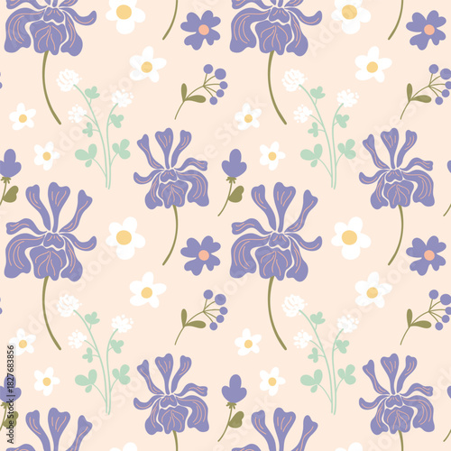 Purple irises and white daisies. Lush flowers. Beautiful spring floral vector pattern. Easter seasonal festive folk wallpaper.