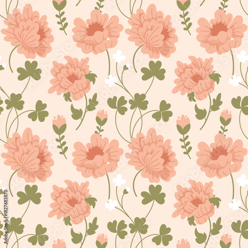 Pink peonies. Lush flowers. Beautiful spring floral vector pattern. Easter seasonal festive folk wallpaper.