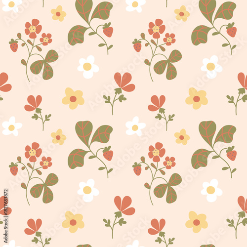Strawberry bushes, orange flowers, and green leaves. A beautiful spring berry floral vector pattern. Easter seasonal festive folk wallpaper.
