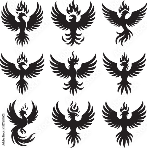 Collection of Phoenix Bird Icons with Flames Rising from Heads Silhouettes