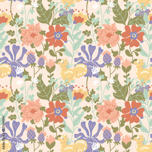 Irises, peonies, sweets, and a cockerel lollipop. A beautiful spring floral vector pattern. Folk flower wallpaper.