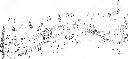 Black and white abstract musical notes and staves flowing across white background sheet