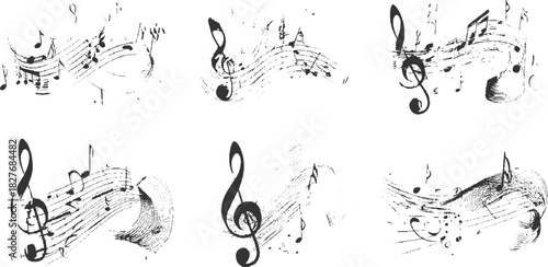 Black ink musical notes and staves with brush strokes on white background treble clef