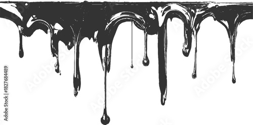 Dark gray paint dripping down a white background with abstract shapes and textures black blob