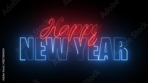 Happy New Year neon-sign animation – glowing neon text on dark background, festive holiday greeting video, 4K/HD motion graphic for party intros & New Year promos