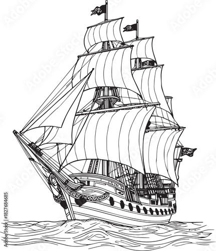 Vintage nautical illustration of an isolated sailing ship or pirate galleon on the sea, perfect for vector stock photo searches
