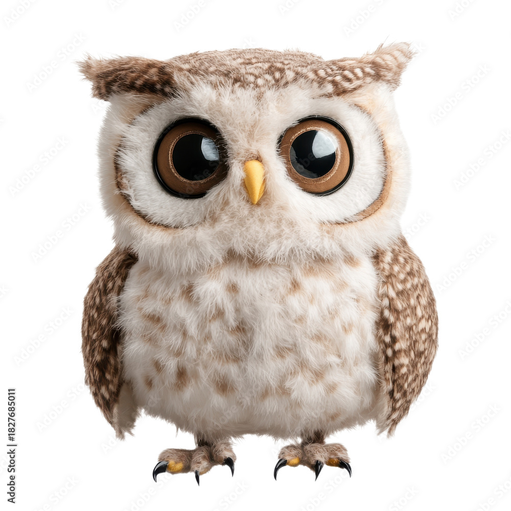 Obraz premium Cute 3D owl character PNG, fluffy brown and white baby bird mascot with big eyes, isolated transparent background
