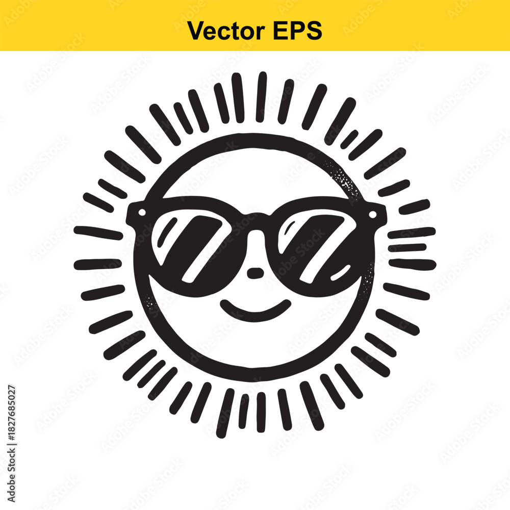 Fototapeta premium Cute hand drawn sun face wearing sunglasses in doodle style isolated on white background