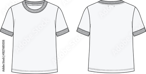 Classic Unisex Crew Neck T-Shirt Fashion Flat Sketch Vector, Technical Drawing Template, Apparel Design,Ribbed Trim