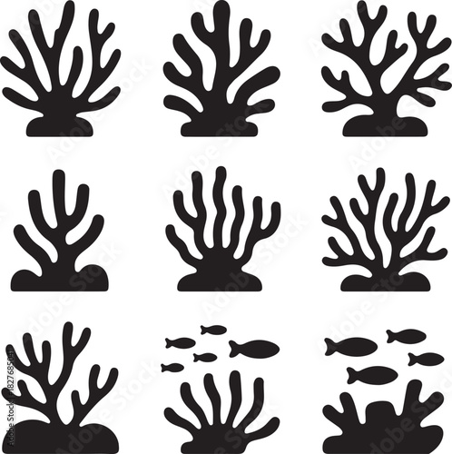 Collection of silhouette coral reefs and marine life black and white