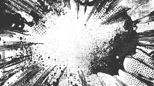 Black ink splatter and halftone dots explosion on white background comic book style abstract