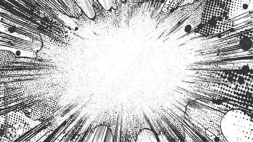 Black and white comic book explosion burst radial lines halftone dots abstract background