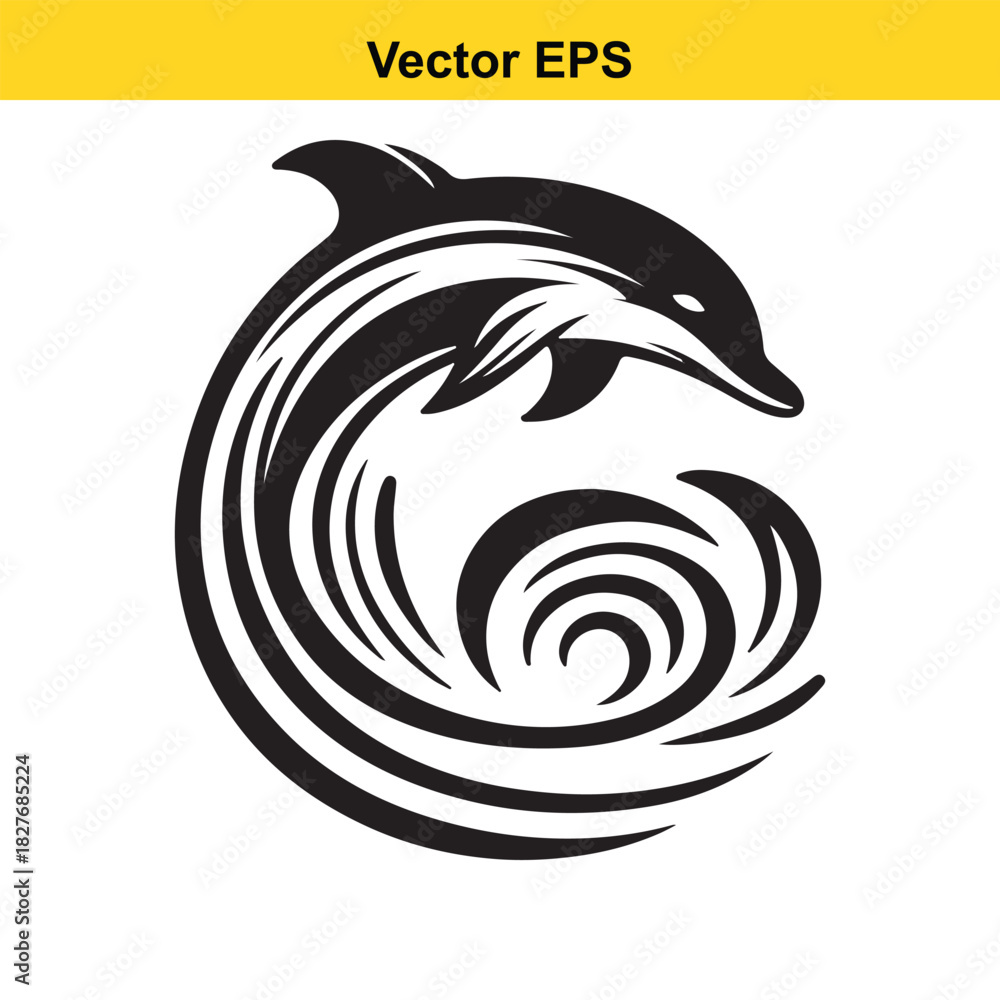 Naklejka premium Stylized black and white vector logo of a dolphin jumping in a circular wave