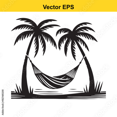 Silhouette of two palm trees with a hammock hanging between them on beach