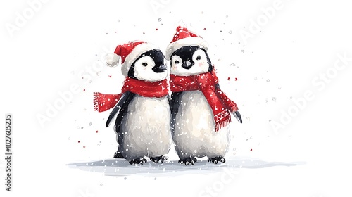 A cute antarctic penguin couple wearing Santa hat isolated on the white background 