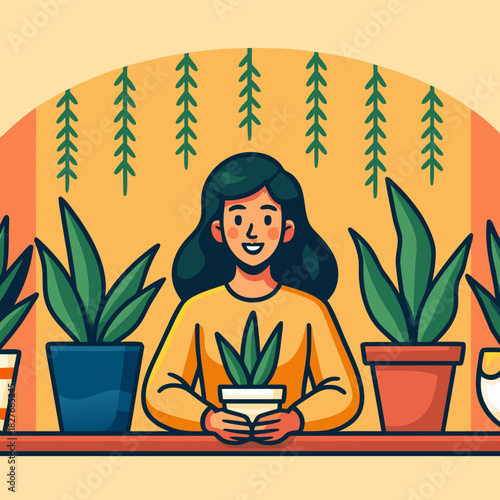 Happy Woman Holding Potted Plant: Indoor Gardening Flat Illustration