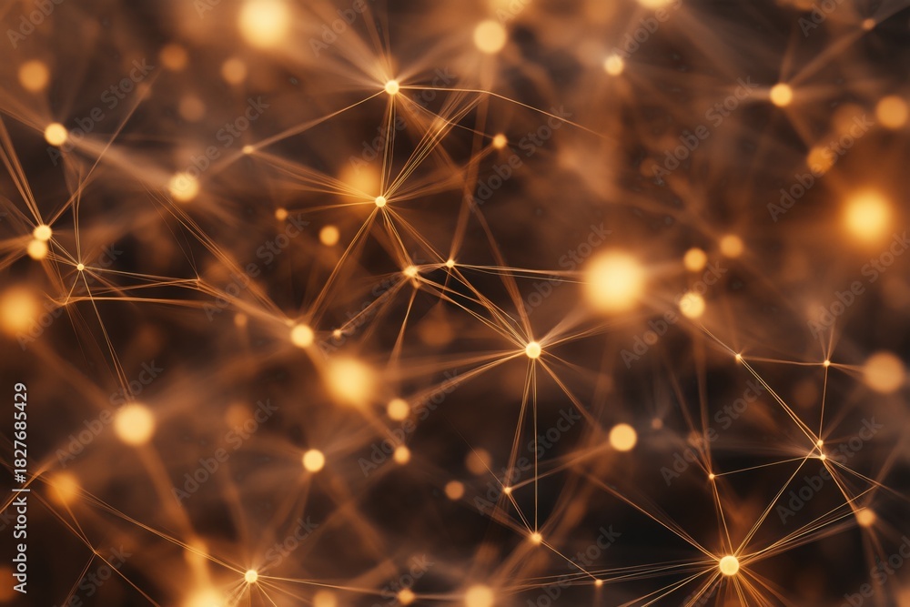Fototapeta premium Abstract network visualization with glowing connections and orange lights on dark background