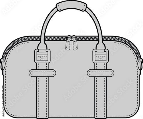 Duffle Bag Fashion Flat Sketch, Technical Drawing Vector Template, Weekend Travel Luggage Design, Front View Accessory, Grey Carry-on Mockup