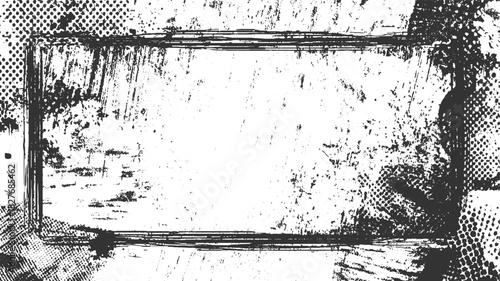 Black and white grunge textured rectangular frame with halftone dots and scratches border
