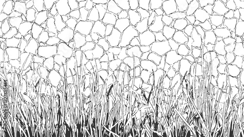Black and white sketch of tall grass in front of a stone wall pattern field nature