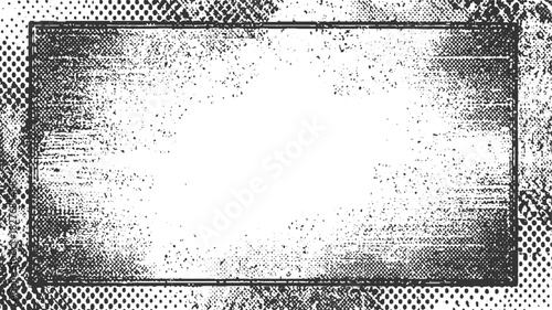 Black and white textured rectangle frame with halftone dots and grunge effect vector