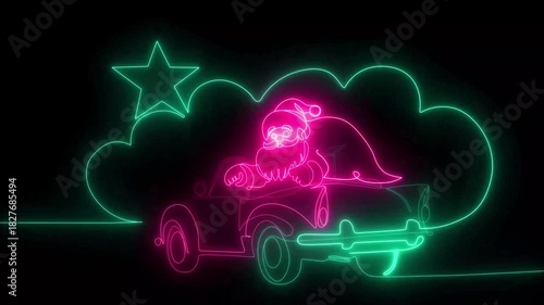 'Animated glowing neon snowman and cars are in the foreground with animated 4k and Happy New Year text on black background 4k animation video of motion video graphic '''