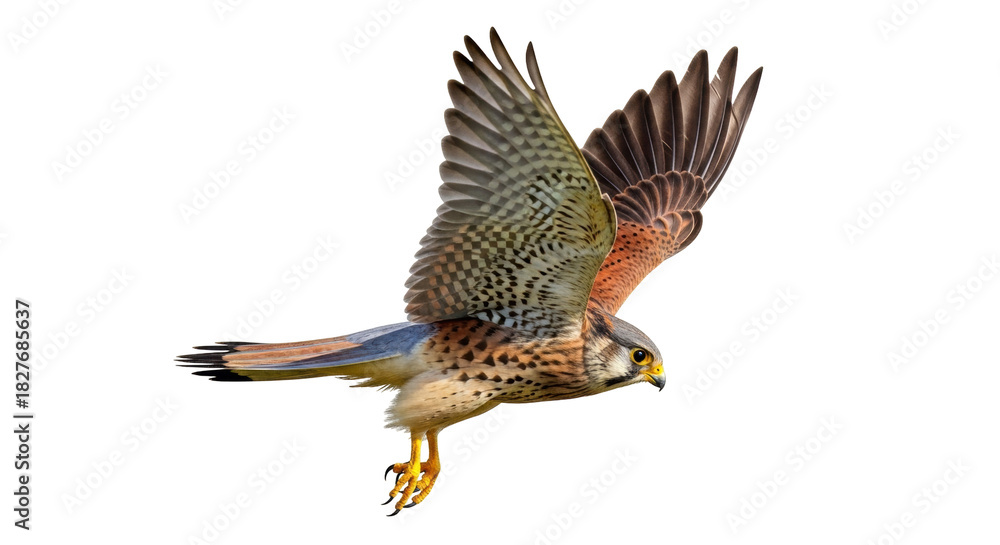 Fototapeta premium Isolated Kestrel in flight with wings spread, striking yellow eyes, and mottled plumage