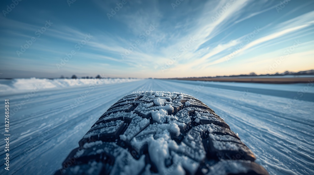 Naklejka premium winter tire close up on rural snow road with negative space for advertising campaigns