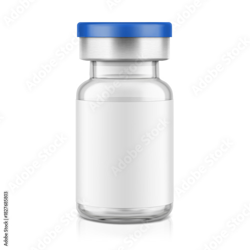 Transparent glass vial for injections mockup. Vector illustration isolated on white background. Can be use for medicine, cosmetic and other. Ready for your design. EPS10.