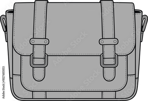 Grey Satchel Bag Fashion Flat Sketch, Messenger Bag Technical Drawing Vector Template, Crossbody Design Front View with Buckle Straps